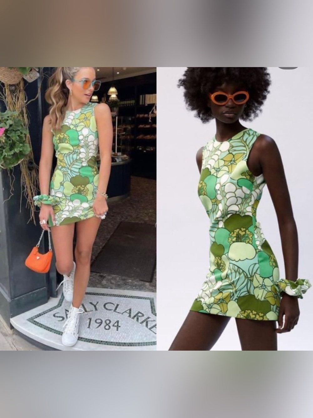 Zara Retro Sleeveless Green Floral Print Shift Dress - Picture 2 of 5